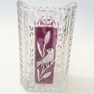 Vintage HOFBAUER Birds Heavy Cut Crystal Vase RUBY RED‎ FLASH HEAVY 7" H 90s MCM